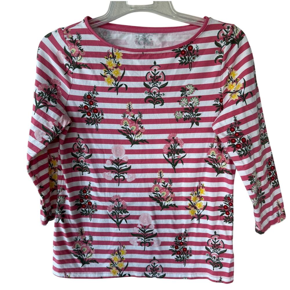 Talbots Pink White striped Floral knit top size M